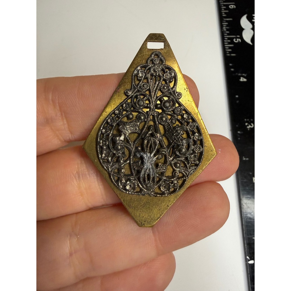 Antique Mixed Metal Filigree Diamond Brooch Pendant Brass Silver Tone Ornate